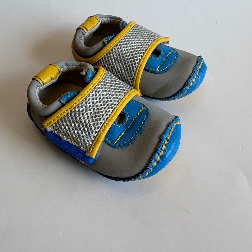 Rileyroos Baby Shoes Blue‎ Grey Yellow Leather Mesh Strap 6-12 Months Soft Sole
